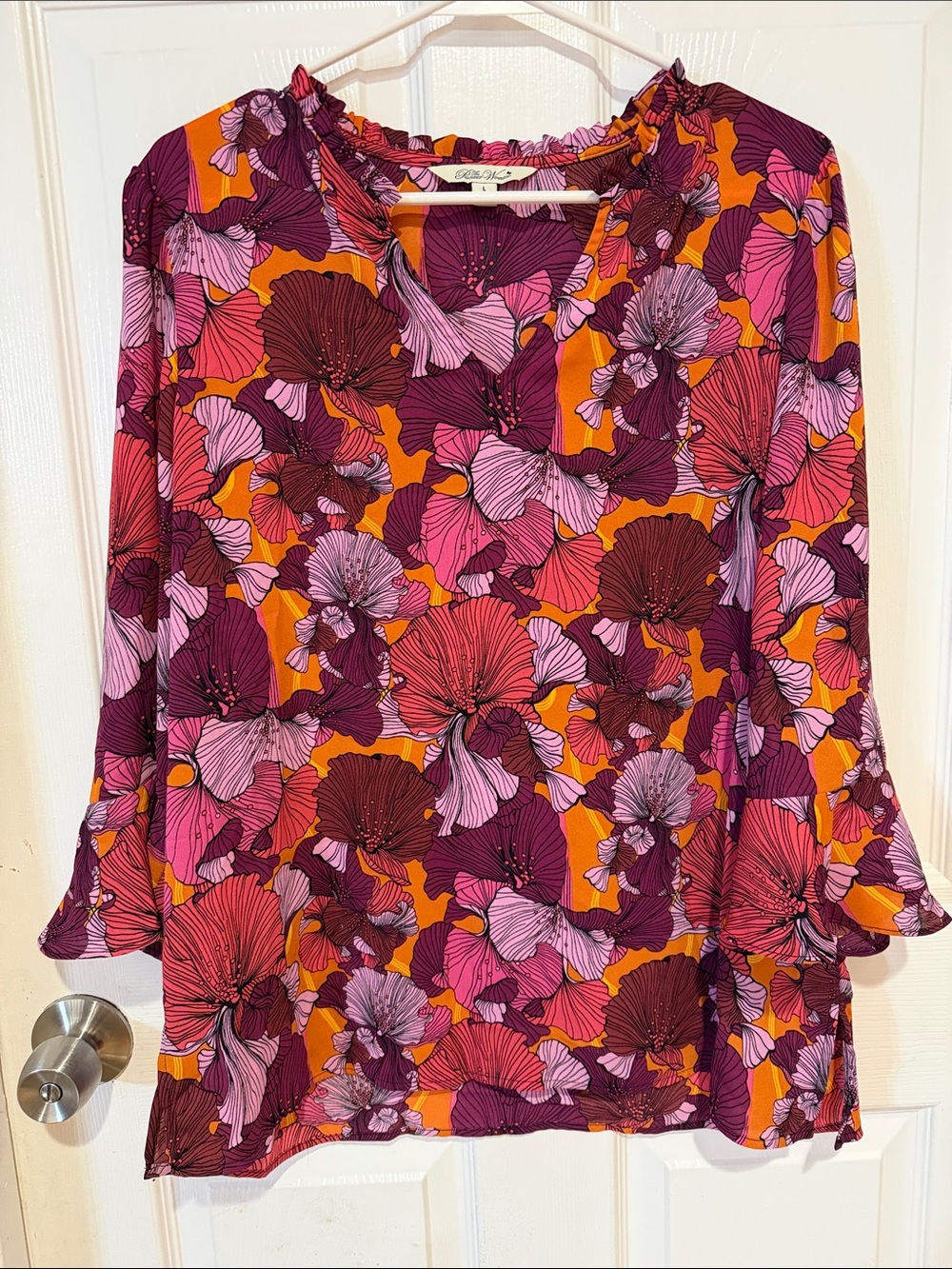The Pioneer Woman Floral Ruffle V-Neck Bell Sleeve Blouse Orange, Pink/Purple